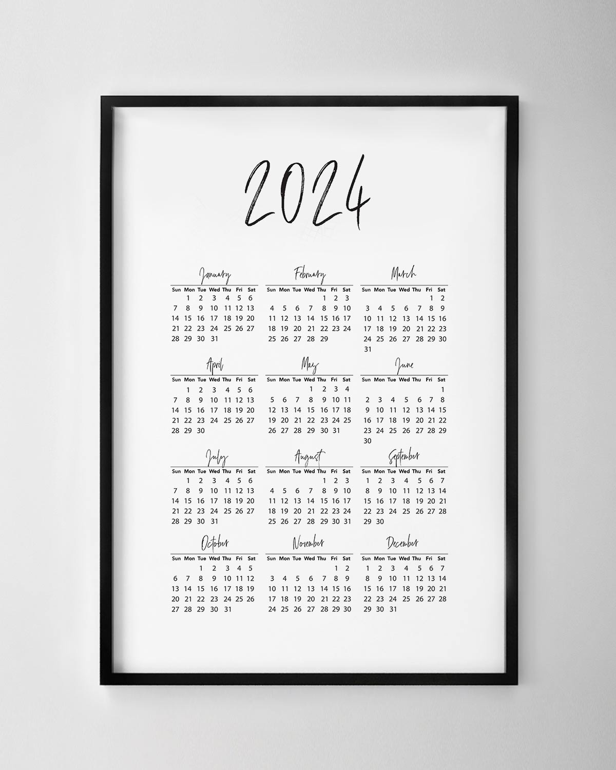 2024 Calendar Print Brush Font Chelsea Chelsea