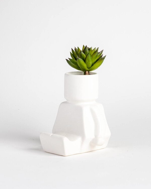Block Man Sitting Planter – White